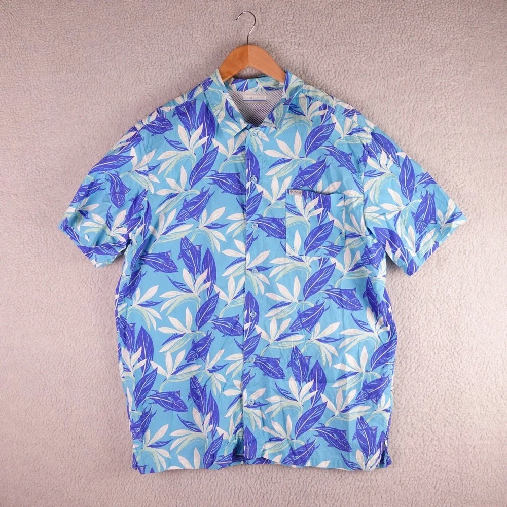 Columbia PFG Mens Blue Tropical Fish Print Short Sleeve Fishing Shirt L